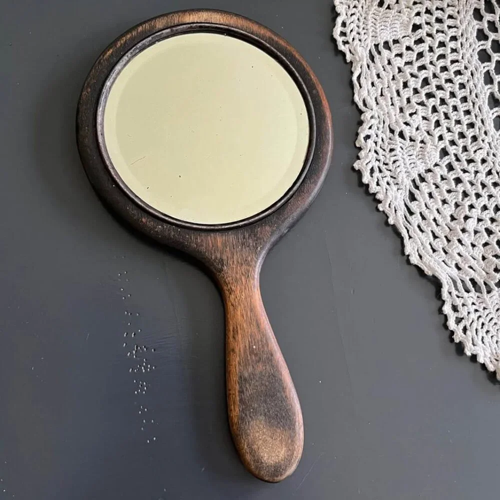 Vintage Wooden and Silver Vanity Hand Mirror Rustic Victorian Decor